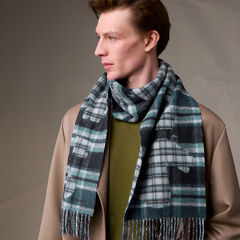 カシミヤマフラー 《エシェック・オ・ロワ・タータン》 - ブルー